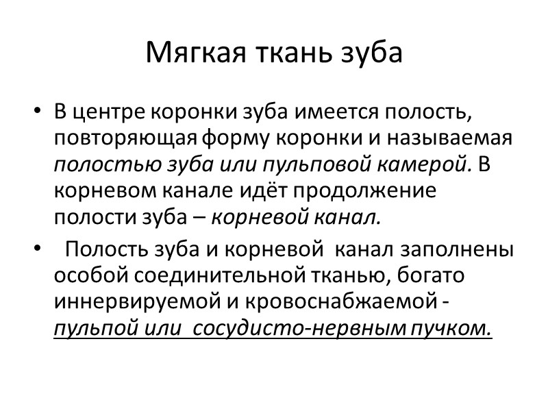 Мягкая ткань зуба В центре коронки зуба имеется полость, повторяющая форму коронки и называемая